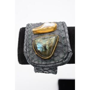Vintage Leather Bracelet Mother Pearl Abalone Navy Blue Chunky Thick 1990s Bin5